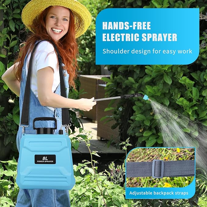 2 Gallon Battery Powered Sprayer, Electric Garden Sprayer, Pump Sprayer with 3 Mist Nozzles & USB Rechargeable Handle & Retractable Wand & Adjustable Strap for Lawn, Garden, Yard (Blue)