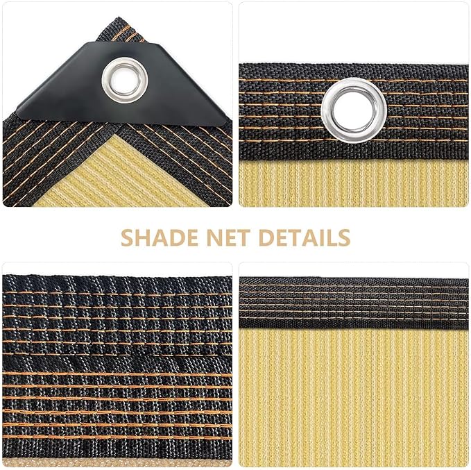 QNLONG Shade Cloth for Garden, 90% Beige Shade Net Mesh Tarp with Grommets Sun Shade Cover Tear Resistance for Plants Greenhouse Chicken Coop Vegetables Pergola 6x6FT
