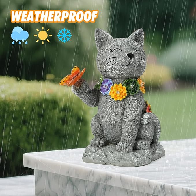 Solar Cat Garden Outdoor Statue - Yard Art with Succulents, 6 LED Lights and 1 Solar Butterfly Decorative Light, Ideal for Gardening Enthusiasts and Cat Lovers, Birthday Gift for Women