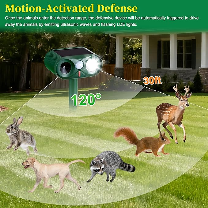 2Pack Solar Ultrasonic Animal Repeller with Strobe Light – for Gardens, Farms and courtyards Outdoor Deterrent for Raccoons, Deer, Squirrels, Cats, Skunks & Foxes