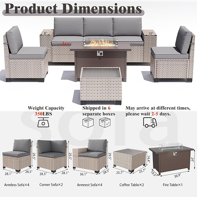 13 Pieces Patio Furniture Set with Metal Fire Pit Table, Outdoor Sectional Wicker Sofa with Thick Cushions and Coffee Table, High Back Rattan Patio Conversation Sets, Grey