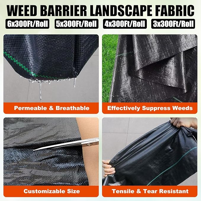 Durable PE Weed Barrier Landscape Fabric, Weed Block Gardening Ground Cover Mat, High Permeability for Weed Blocker Weed Mat, Driveway Fabric, Weed Control Garden Cloth (6x300Feet/Roll)