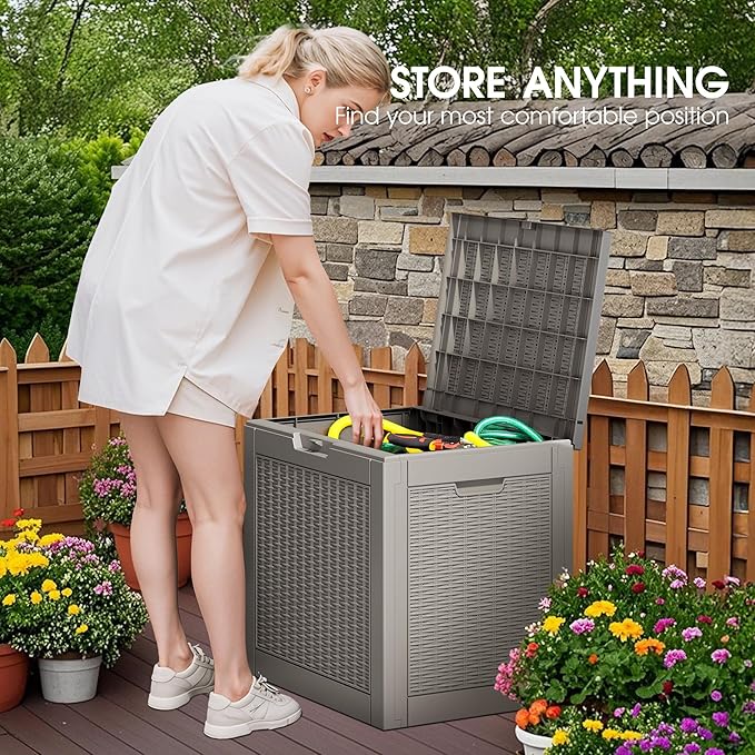 NUNU LAB 32 Gallon Resin Deck Box,Outdoor Indoor Waterproof Storage Box for Patio Cushions, Garden Tools, Pool Accessories,Backyard Storage Bin,Grey
