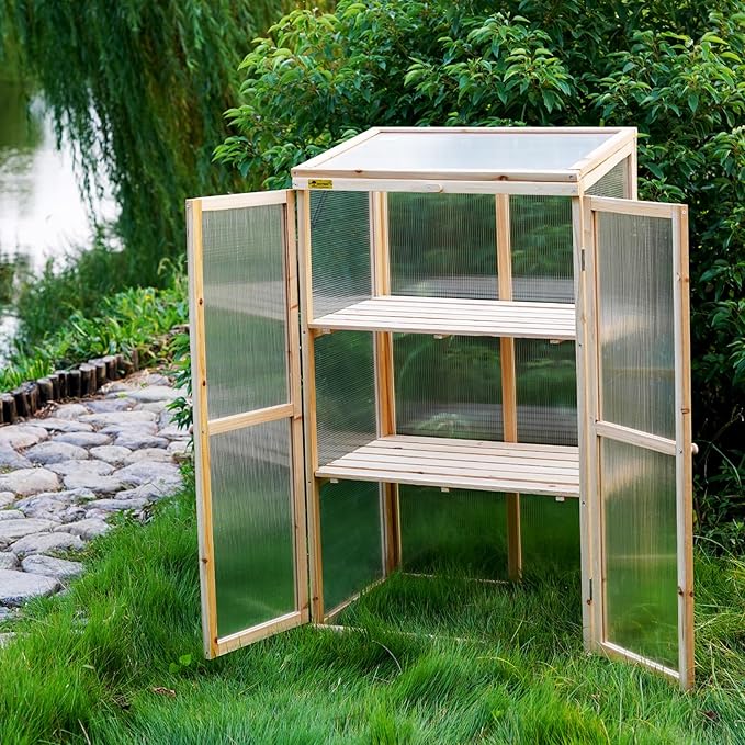 BIGTREE Wooden Green House Mini Greenhouse Indoor/Outdoor Nursery Vented Cold Frame Portable Garden Planter Raised Plants Top Opening Door (27"X19"X47")