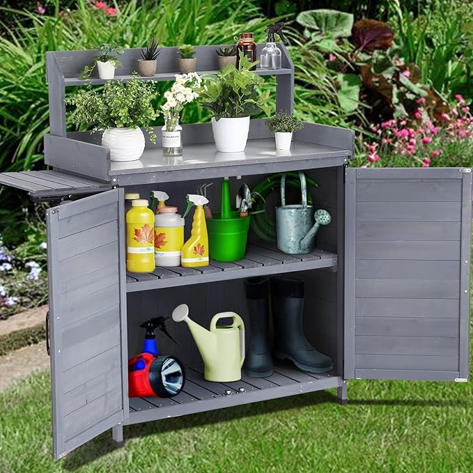 Garvee Outdoor Potting Bench Table, Wooden Gardening Furniture with Metal Tabletop and Storage Cabinet, Horticulture Workstation with Adjustable Shelf for Garden, Patio, Backyard, Greenhouse