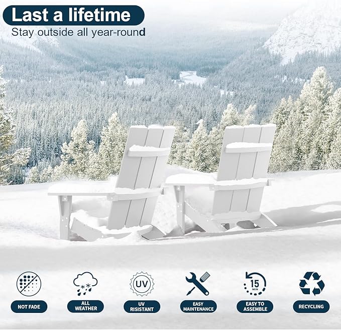 MXIMU Modern Adirondack Chairs Set of 2 Weather Resistant with Cup Holder Oversize Plastic Fire Pit Chairs Adorondic Plastic Outdoor Chairs for Firepit Area Seating (White)