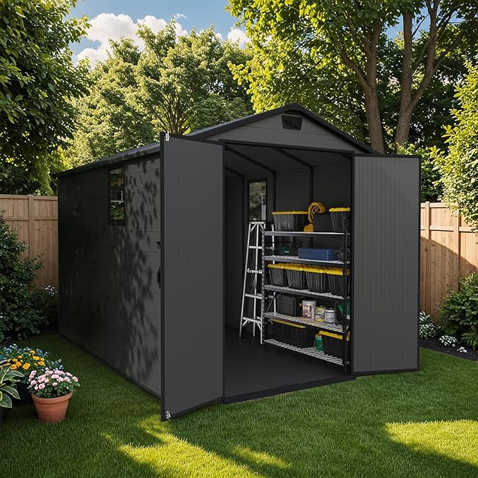 Patiowell 6 x 10 FT Outdoor Plastic Storage Shed with Floor - Lockable Resin Tool Shed, 2 Windows, Easy Assembly for Garden/Backyard (Dark Grey)
