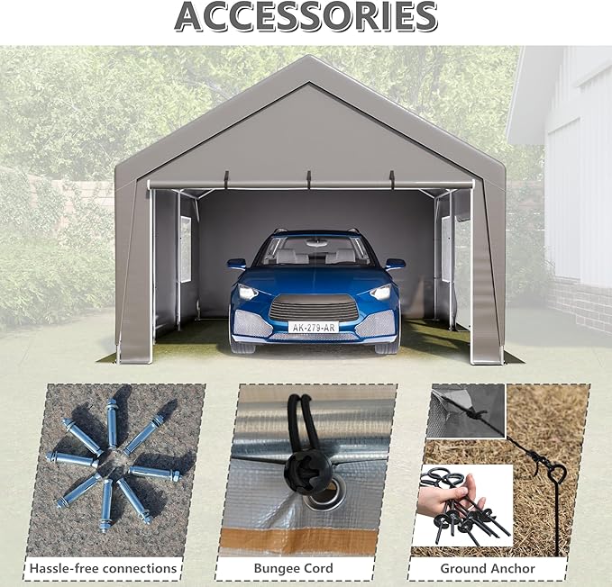 Carport 13x20ft Portable Garage Car Canopy Heavy Duty Car Port with Mesh Windows and Removable Sidewalls UV Resistant Waterproof All-Season Tarp for SUV,Boat,Car, Truck Gray