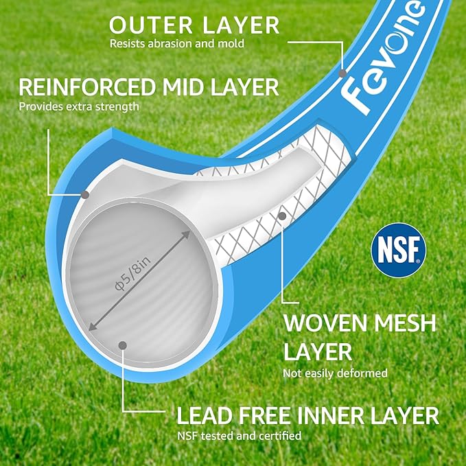 Fevone Garden Water Hose with Solid Aluminum Fittings for Patio & Garden, Drinking Water Safe, 5/8" x 12 ft