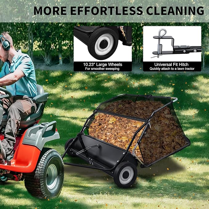 Tow Behind Lawn Sweeper, 44 in Pull Behind Lawn Sweeper, 25 cu. ft Large Capacity Leaf & Grass Collector, Heavy Duty Garden Sweepers with Adjustable Sweeping Height for Yard, Lawns, Farm