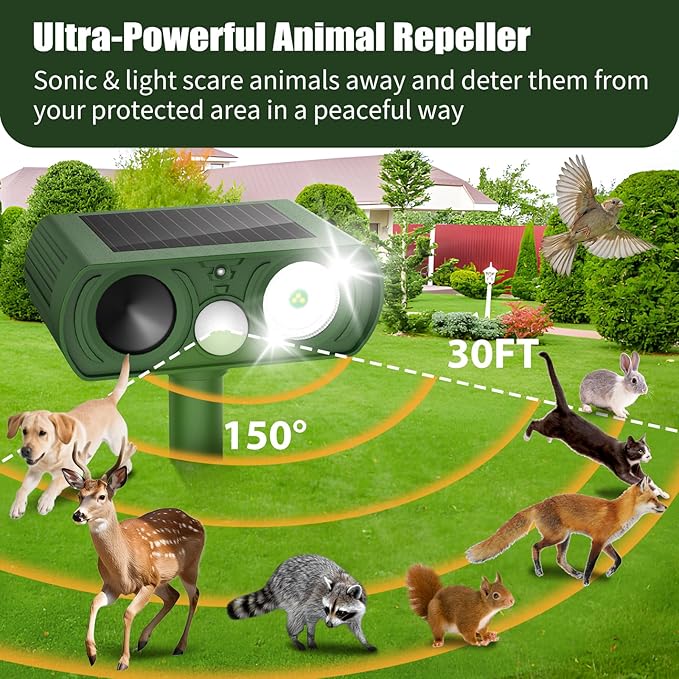 Solar Ultrasonic Animal Repellent, Deer Repellent Devices Waterproof with Motion Detection, Cat Repellent Outdoor Squirrel Skunk Rabbit Dog Raccoon Bird Deterrents Animal Repeller for Yard, 2 Pack