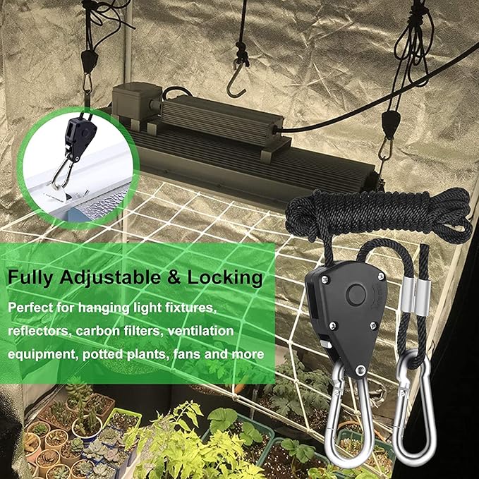 Rope Clip Hanger, 4 Packs 1/8 in Reinforced Adjustable Height Anti-Loose Design Gears Clip for Growing Light Fixtures, Hanging Plants, 8 FT Length 150lbs Weight Capacity