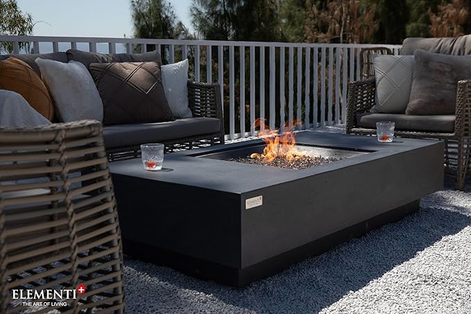 Elementi+ | Cannes Gas Fire Pit Cast Concrete 60" Rectangular Fire Table, Outdoor Fire Pit Electronic Ignition | Canvas Cover, Fire Glass and Burner Lid Included | Dark Gray | Propane Gas