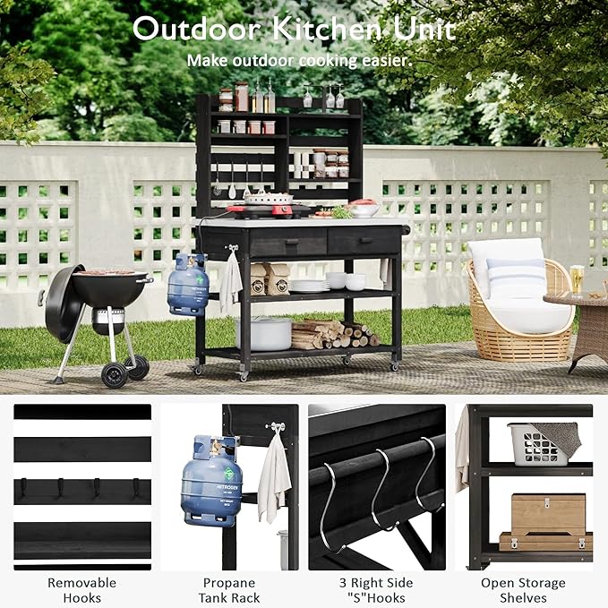 Polibi 64.9" H Outdoor Potting Bench Table with Lockable Wheels,Solid Fir Wood Outdoor Kitchen Island (Black)