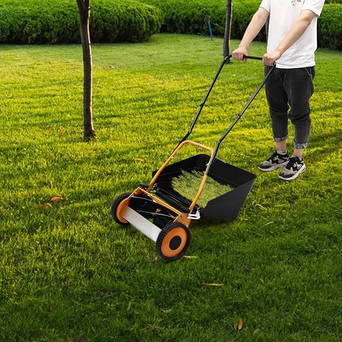 Lawn Mower, Wheeled Reel Mower with Grass Catcher Adjustable Height Manual Reel Push Walk Behind Dual for Cottage, Residential, Backyard, Park Landscaping (16 Inch)