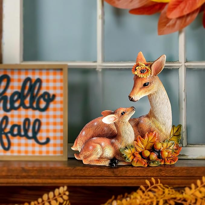 Garden Deer Statue Fall Animals Decor Resin Harvest Mother and Baby Deer Acorn with Maple Leaves Figurines Autumn Thanksgiving Indoor Outdoor Decorations Patio Yard Lawn Ornaments