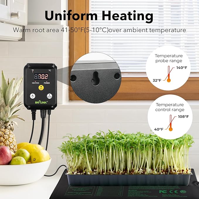 BN-LINK Seedling Heat Mat with Thermostat Controller Combo Set, 10" x 20.75" Plant Heating Mat for Seed Starting with Temperature Control for Indoor Growing, Plants Germination