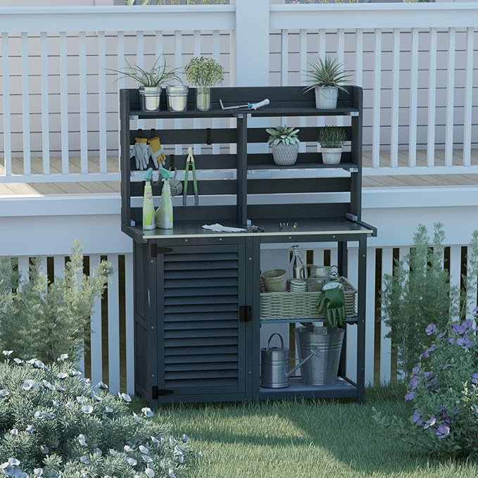 GDLF Potting Bench Table Large Garden Outdoor Work Bench Metal Tabletop Workstation with Storage Cabinet Shelf Dark Grey