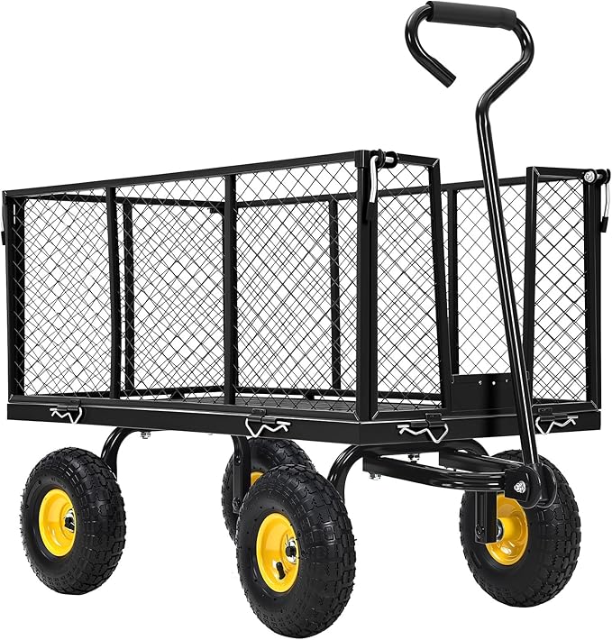 Heavy Duty Steel Garden Cart, 1100LBS Pullable Metal Garden Wagon with 10" Wheels, 180° Rotating Handle and Removable Sides for Outdoor, Farm, Yard, Beach 