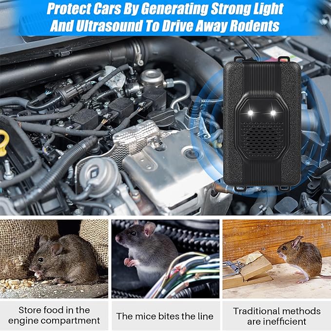 4 Pack Rodent Repellent for Car Engines, Mouse Repellent Ultrasonic Plug-in, Battery Operated Car Rodent Deterrent Under Hood, Keep Mice Rat Squirrel Out of Car, Attic, Garage, Barn, Indoor, Outdoor