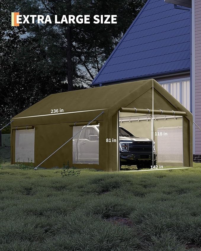 10X20Ft Waterproof Carport Canopy with Roll-Up Mesh Windows & Double Zipper Doors, 180g PE Tarp Cover for Cars, Trucks, SUVs, RVs, Boats & Outdoor Equipment Storage, Khaki