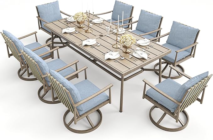 HAPPATIO 9-Piece Patio Dining Set for 8, Aluminum Outdoor Dining Set with Cushions, 8 Swivel Dining Chairs, 1 Large Rectangular Table with Umbrella Hole for Lawn, Porch, Backyard, Brown