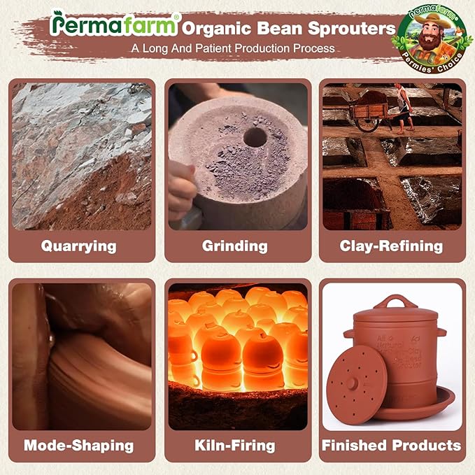 Permafarmยฎ Organic Bean Sprouter, Natural Earthen-Clay Mung Bean Sprouter, Sprouts Growing Kit for Soybeans, Broccoli, Alfalfa & More | Lead-Free, Cadmium-Free (Large Size for Family)