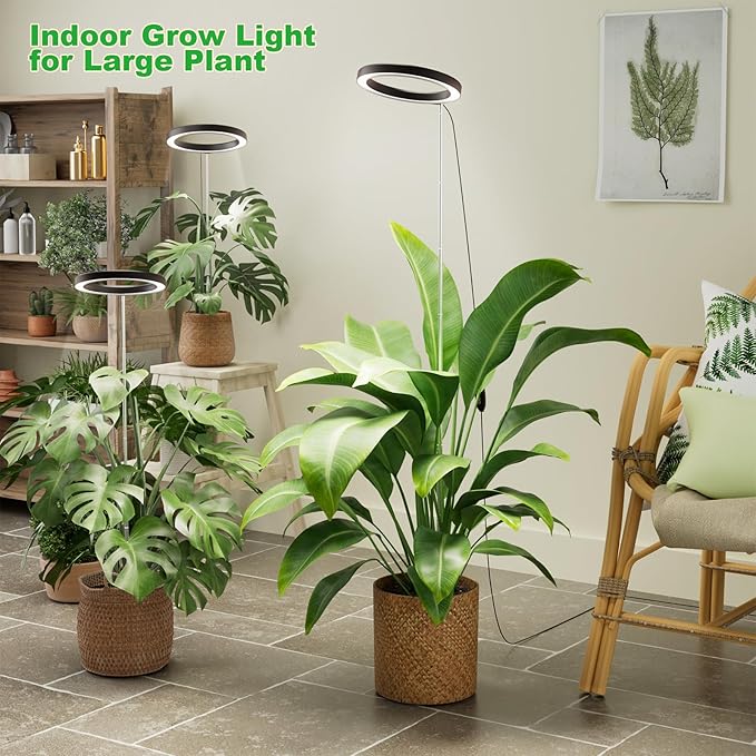 10" Grow Lights for Large Indoor Plants, Full Spectrum Indoor Plant Light for Indoor Growing with Timer,Height Adjustable Auto On/Off 3/9/12H, 9 Brightness,Led Tall Halo Grow Light for House Plants