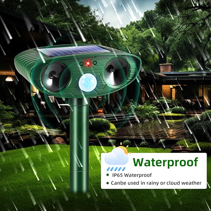 2 Pack 2025 Animal Repellent Ultrasonic Outdoor Squirrel Fortress Pro, Solar Repeller with Motion Sensor, Waterproof Dog Skunk Raccoon Rabbit Cat Deer Repellent for Yard Farm