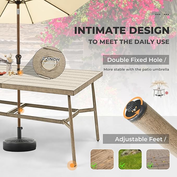HAPPATIO 9-Piece Patio Table and Chairs Set for 8, Aluminum Outdoor Dining Set with Cushions, 8 Dining Chairs, 1 Large Rectangular Table with Umbrella Hole for Lawn, Porch, Backyard, Brown