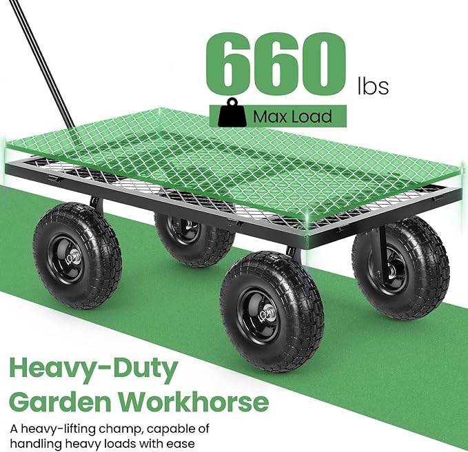 Homdox 660LB Garden Cart on Wheels, Heavy Duty Yard Wagon with 180ยฐ Rotating Handle, Mesh Foldable Garden Wagon Outdoor Utility Carts for Camping, Sports, Garden, Beach, Farm, Fishing, Black