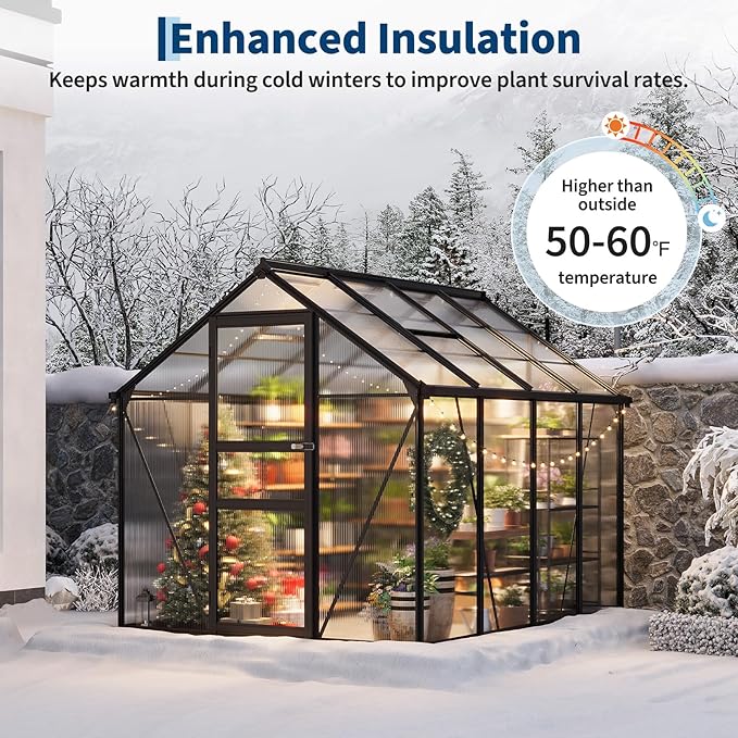 Greenhouse, 6×8FT Greenhouses for Outside, Polycarbonate Greenhouse with Aluminum Frame, Lockable Door and Ajustable Roof Vent for Backyard, Green Houses for Outside Garden Backyard, Patio