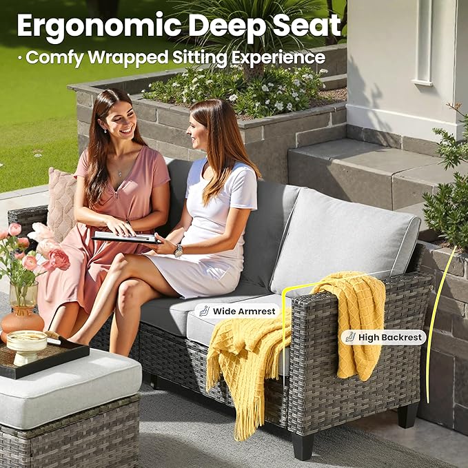 ovios 7 Pieces Patio Furniture Set, Outdoor Wicker Sofa Couch with Rocking Swivel Chairs Fire Pit Table, Modern Deep Seat Rattan Conversation Sets for Porch Deck, Grey