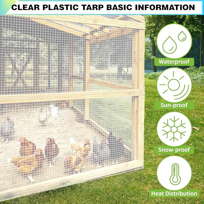 30Ft x40Ft Clear Greenhouse Plastic Covering, 16Mil Thickness Heavy Duty Clear tarp for Chicken coop, Greenhouse Plastic sheeting with Hemmed Edges & preinstalled Grommets.