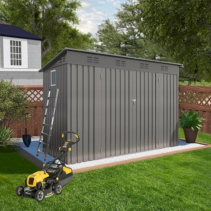 9x4 FT Lean to Shed with Window, Metal Sheds & Outdoor Storage with 6 Vents and 2 Swing Doors, Outdoor Storage Shed Waterproof for Backyard, Garden, Patio, Gray