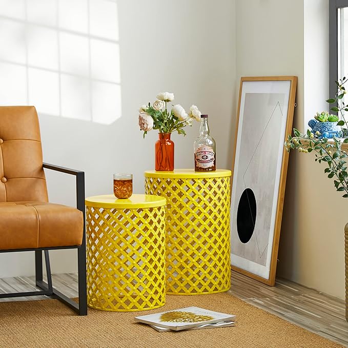 Glitzhome Outdoor Side Table Set of 2, Decorative Garden Stool for Indoor Outdoor Heavy Duty Metal Frame Accent Table Modern End Table, Yellow