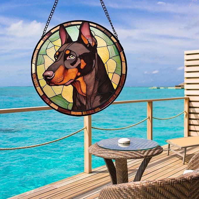 Stained Glass Window Hanging - Funny Dark Brown Doberman Pinscher Suncatcher for Door Terrace Garden Home Decor, Pet Dog Sun Catcher Birthday Gifts for Lovers Women Men Dad Mom Nana 6.3 in