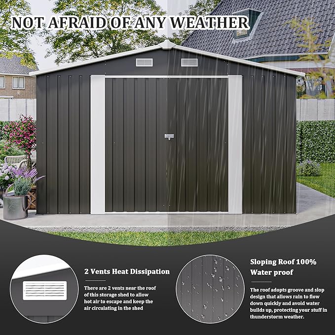KEIKI 10x 14 FT Metal Storage Shed Outdoor, Large Garden Shed with Roof & Lockable Doors, Utility Tool Sheds Frame & 4 Vents for Patio Backyard Bicycles Storage House, All Weather Use, Dark Grey