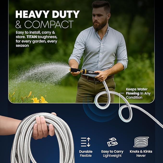 TITAN Garden Hose 9FT - 304 Stainless Steel Metal Water Hose, Flexible, Kink-Free, Lightweight, Durable, Crush Resistant Fittings, Easy to Coil, 500 PSI