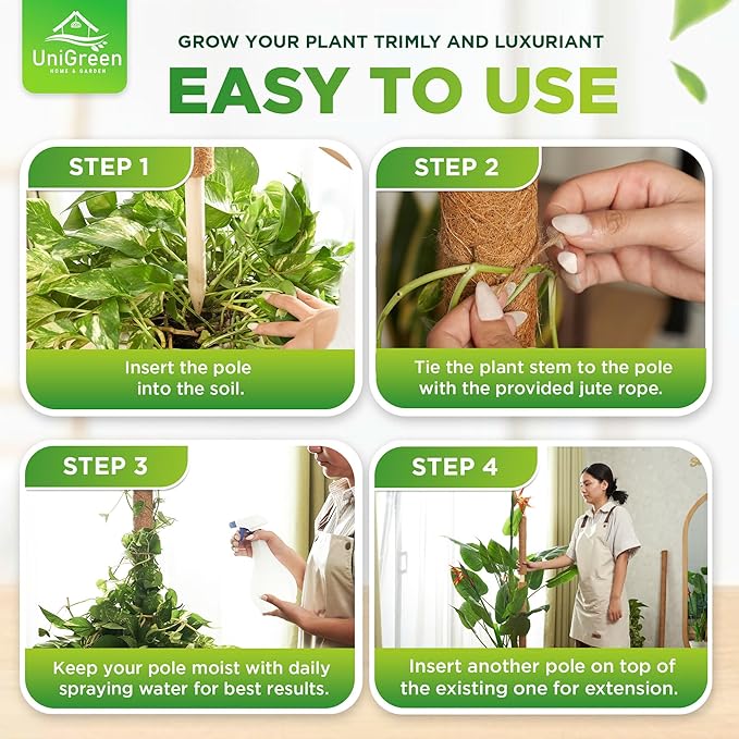 UNIGREEN Premium Moss Pole, Coir Totem Poles for Indoor Plants, Moss Sticks, Garden Ties - Support and Train Creepers and Climbing Plants (4Pack 18'' (Stackable))