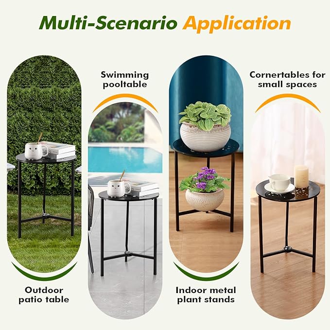1 Pack 13" Metal Outdoor Side Tables Small Black Outside End Table for Patio Round Accent Corner Stand for Small Spaces Weather-Resistant Coffee Table for Balcony Porch Plant Stand, Starlight Pattern