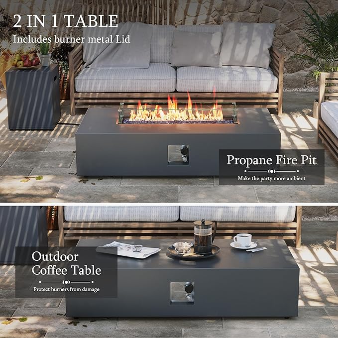 UPHA 56-inch Outdoor Propane Gas Fire Pit Table 50000 BTU Iron Rectangle Firepit for Outside Patio with Tank Hidden Table, Wind Guard, Removable Lid, Blue Glass Rocks, Rain Cover, Dark Grey