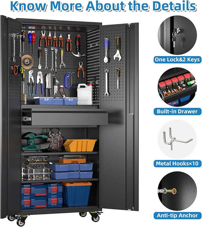 71" H*15" D*30" W Metal Garage Storage Cabinet with Wheels and Doors,Lockable Tool Storage Cabinet with Pegboard Hooks and Drawer for Garage Warehouse Home,Required Assembly,Black