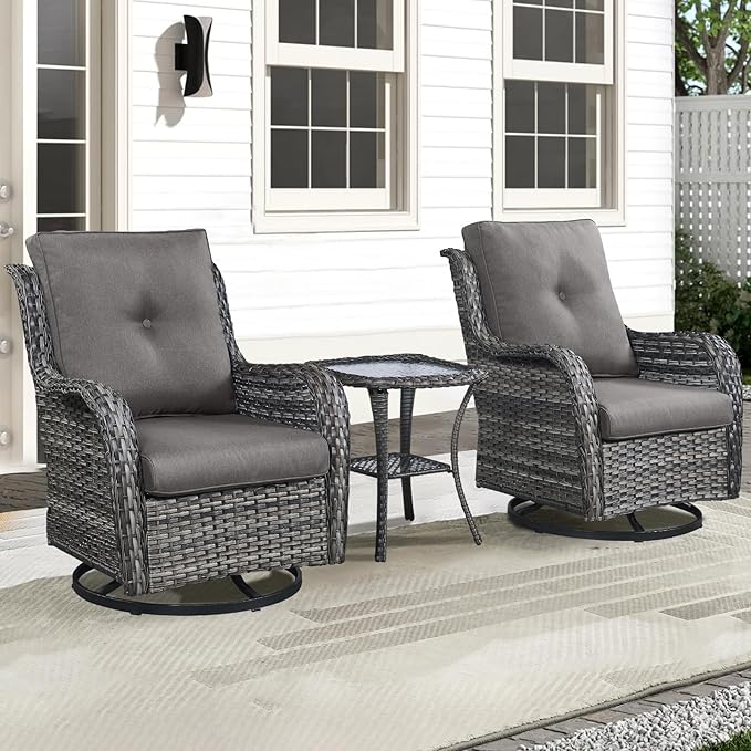 Patio Wicker Chairs Swivel Rocker,3 Pieces Patio Furniture Set with 360 Degree Wicker Swivel Rocking Chairs and Side Table for Garden,Porch,Backyard