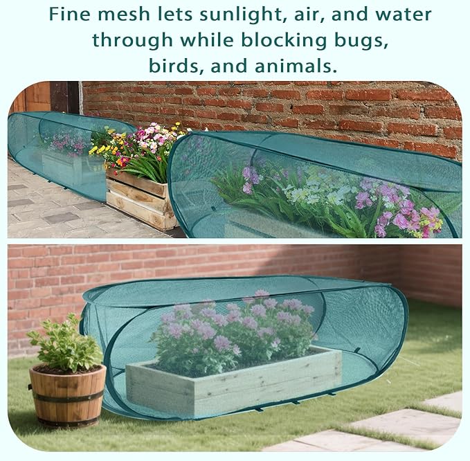 4Pcs 39" x 17" x 16.5" Mesh Pop up Garden Rows Plants Cover with 32 Ground Stakes and 100Pcs Plant Support Clips,Vegetable Mesh Plant Protector Net Cage Guard