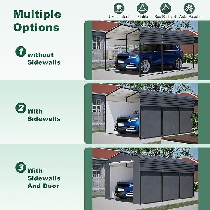 Metal Carport 15.1 x 10.3 x 8.4 FT with Galvanized Steel Frame & Waterproof UV-Resistant Tarpaulin – Sturdy Outdoor Shelter for Cars, Trucks, Boats, or Equipment, All-Weather Protection