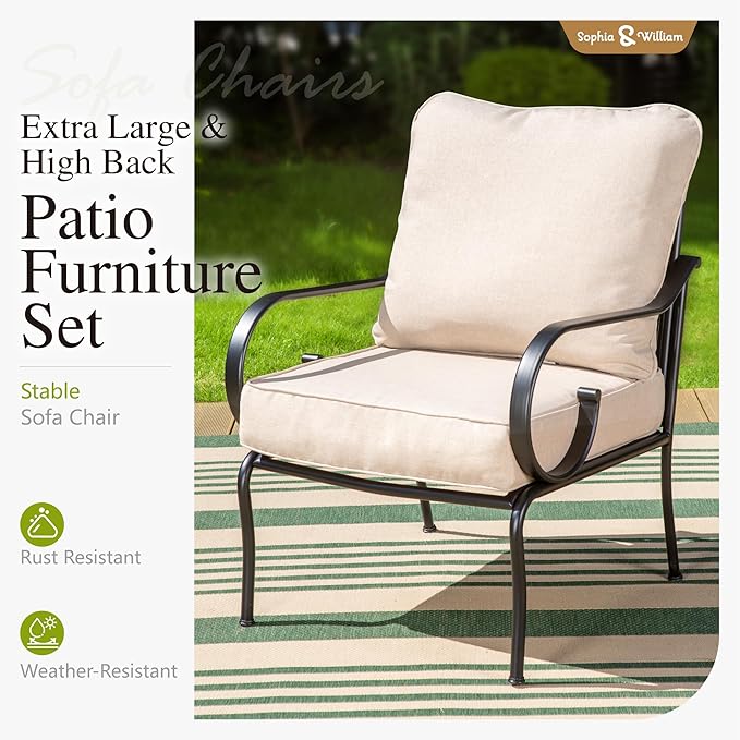 Sophia & William 5 Piece Outdoor Patio Furniture Set, Patio Conversation Sets 7 Seat with 3-seat Sofa x 1, Loveseat x 1, Cushioned Chair x 2, Metal Coffee Table x 1 for Backayrd Lawn, Beige