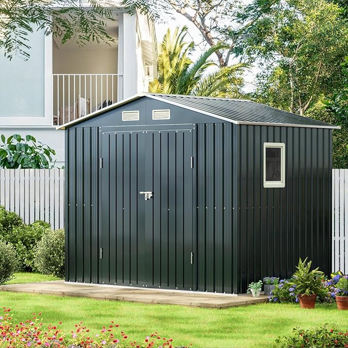 Breezz 6x8FT Outdoor Steel Storage Shed with Frame Floor,Clear Window, Lockable Doors, Weather-Resistant Metal Tool Shed for Garden, Backyard, Patio, and Utility Storage