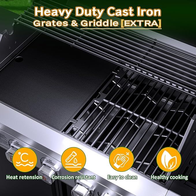 Brand-Man Propane Gas Grill Island Outdoor Kitchen & Storage Cabinets, 52000 BTUs Stainless Steel Burner Patio Cooking BBQ Grill with Side Burner - Natural Gas Convertible, Black (5 Burner)
