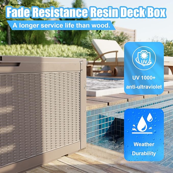 100 Gallon Waterproof Large Resin Deck Box, Lockable Storage Container for Patio Cushions, Garden Tools, Indoor & Outdoor (Brown)